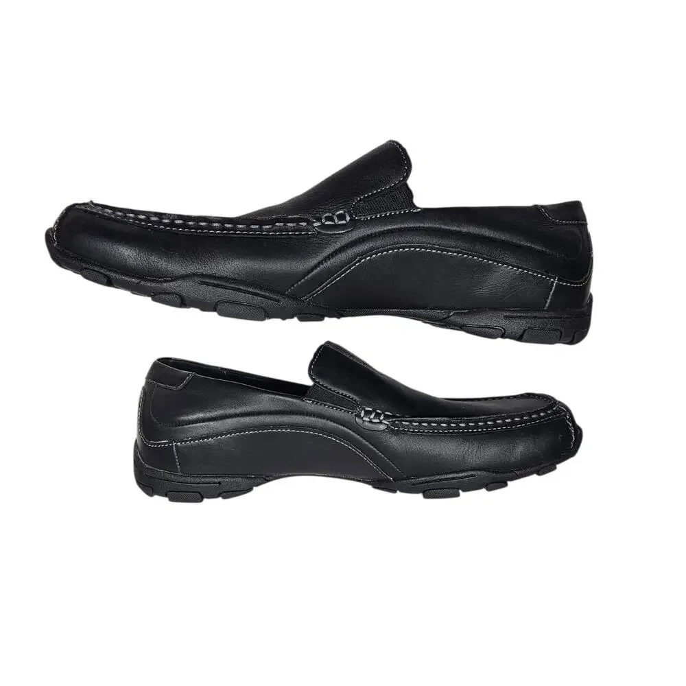 Skechers Men's Black Leather Square Toe Slip-On Comfort Shoes #61190 Size 12